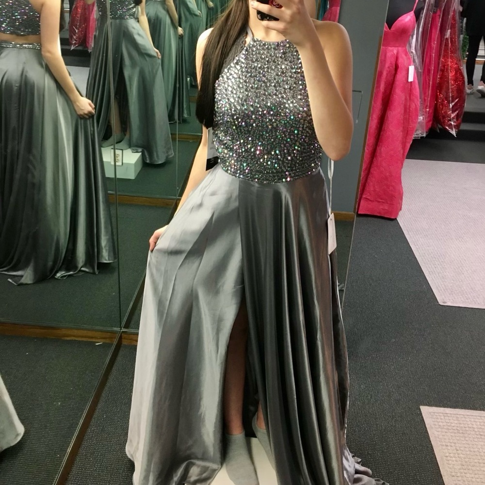 Sherri Hill Silver Beaded Halter Prom Dress - Picture 2 of 10